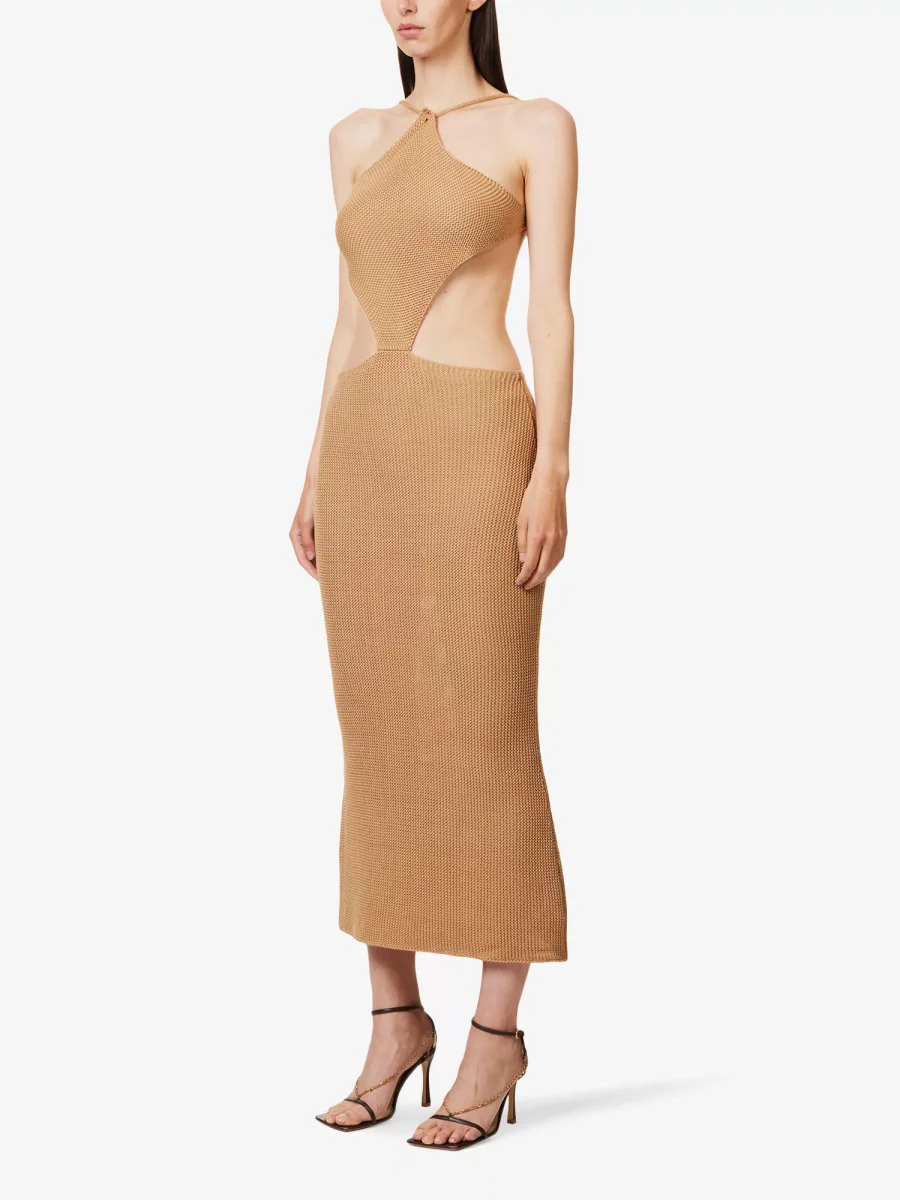 SAVANNAH MORROW Ariel Cut Out Waist Knit Halterneck Almond Midi Dress - Imagen 3