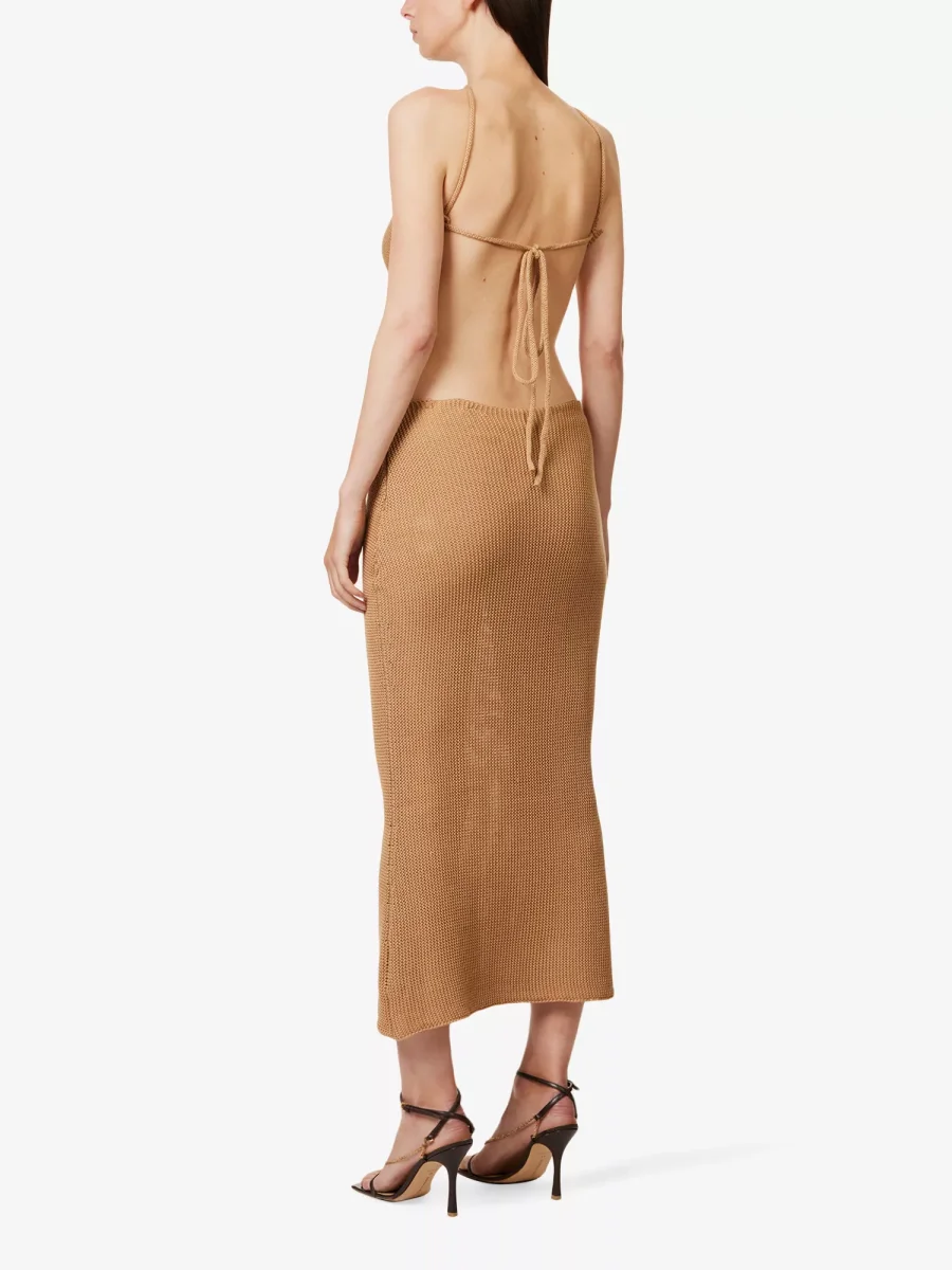 SAVANNAH MORROW Ariel Cut Out Waist Knit Halterneck Almond Midi Dress - Imagen 6