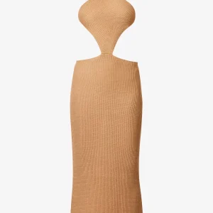SAVANNAH MORROW Ariel Cut Out Waist Knit Halterneck Almond Midi Dress