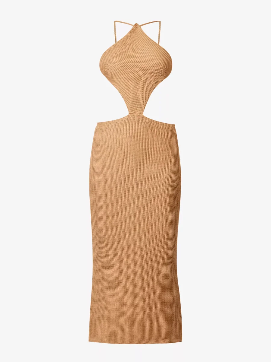 SAVANNAH MORROW Ariel Cut Out Waist Knit Halterneck Almond Midi Dress - Imagen 2