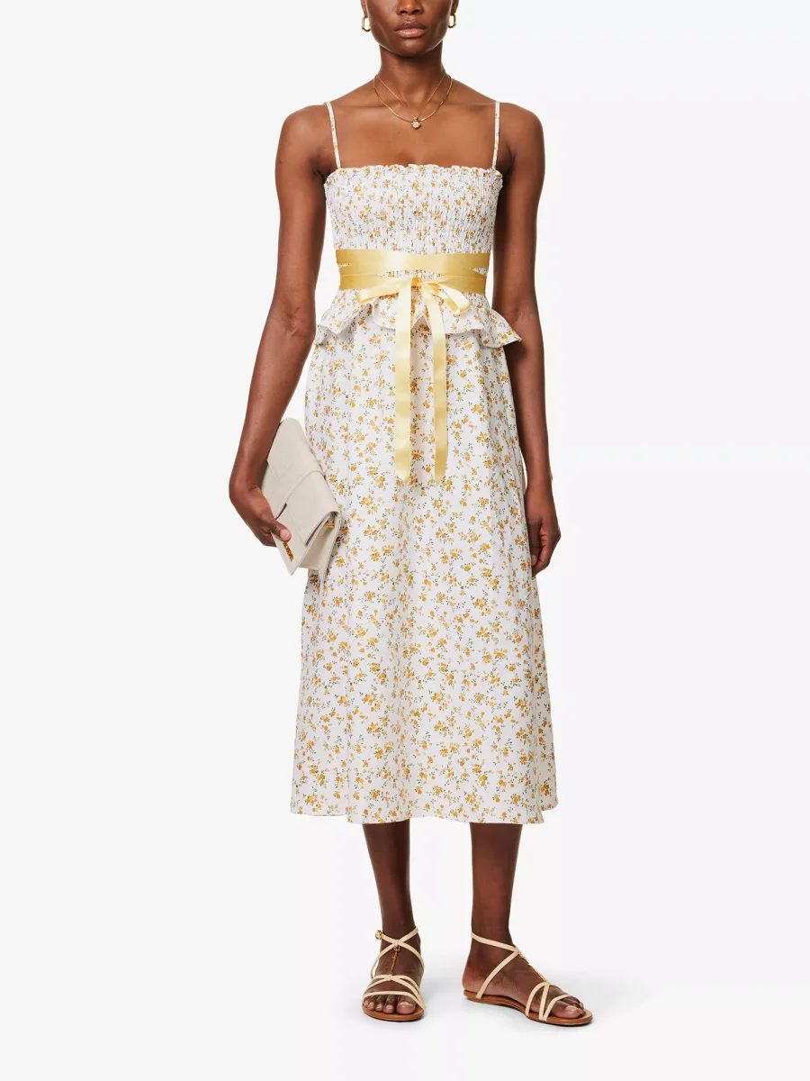 REFORMATION Miles Floral Ruffle-Trim Bow-Detail Linen Midi Dress - Imagen 3