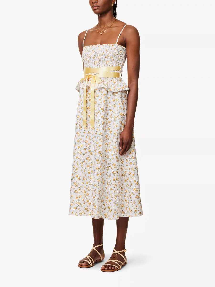 REFORMATION Miles Floral Ruffle-Trim Bow-Detail Linen Midi Dress - Imagen 6