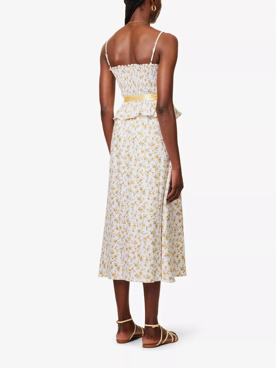 REFORMATION Miles Floral Ruffle-Trim Bow-Detail Linen Midi Dress - Imagen 5