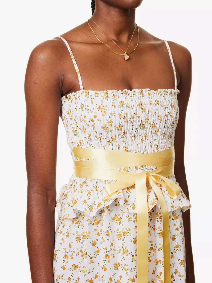 REFORMATION Miles Floral Ruffle-Trim Bow-Detail Linen Midi Dress - Imagen 4