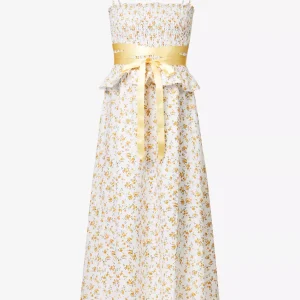 REFORMATION Miles Floral Ruffle-Trim Bow-Detail Linen Midi Dress