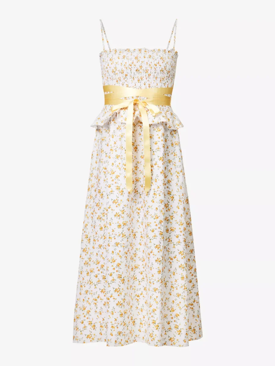 REFORMATION Miles Floral Ruffle-Trim Bow-Detail Linen Midi Dress - Imagen 2