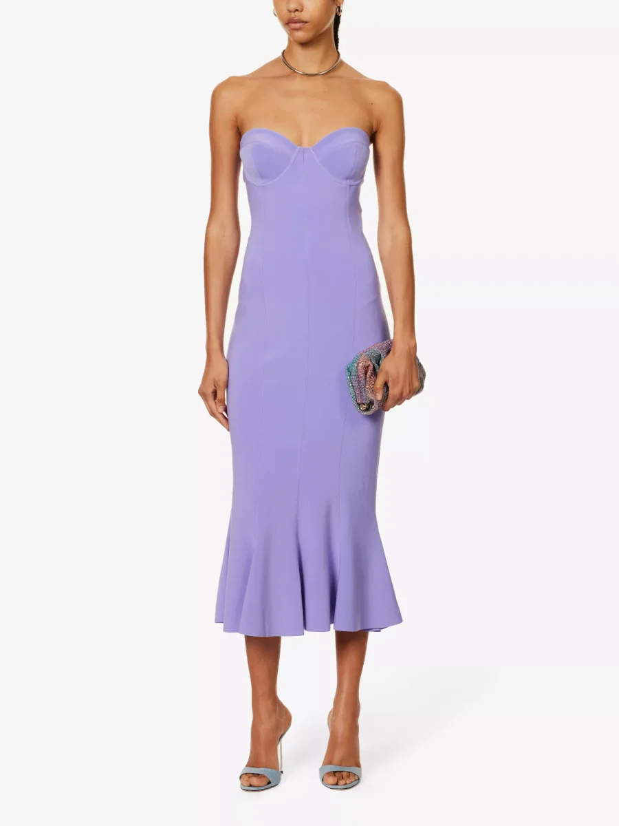 NORMA KAMALI Lilac Purple Corset Bodycon Fishtail Hem Midi Dress - Imagen 3