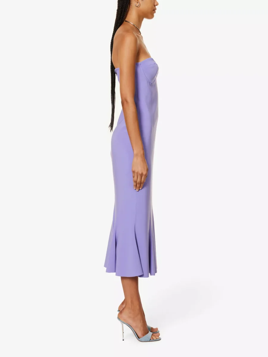 NORMA KAMALI Lilac Purple Corset Bodycon Fishtail Hem Midi Dress - Imagen 6