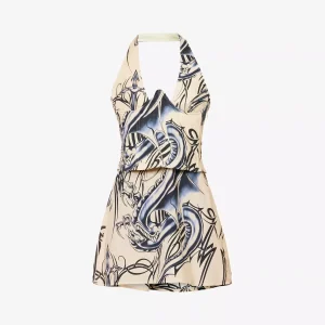 MIAOU Jackie Graphic Tattoo Print Corset Halterneck Mini Dress