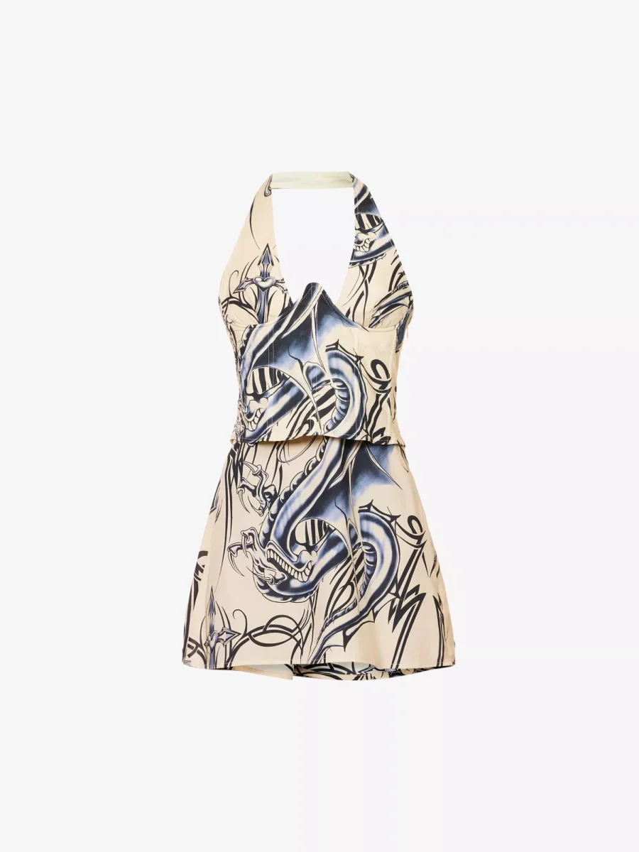 MIAOU Jackie Graphic Tattoo Print Corset Halterneck Mini Dress - Imagen 2