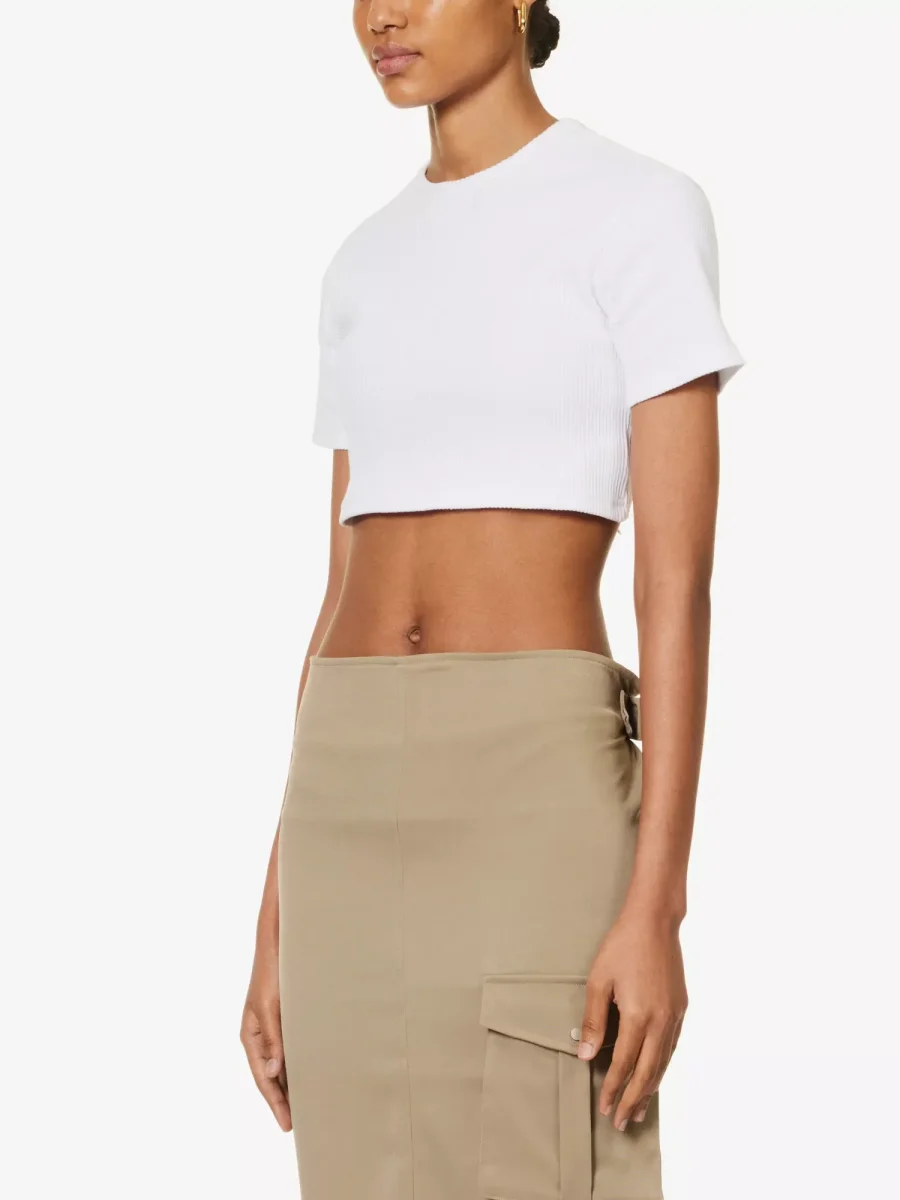 THE FRANKIE SHOP White Ribbed Knit Cotton Nico Cropped Top - Imagen 3