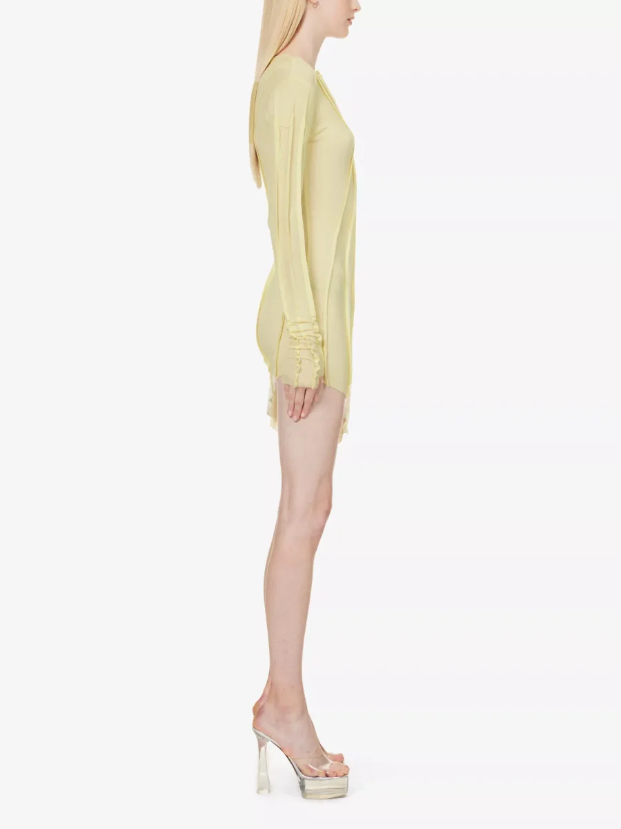 SAMI MIRO VINTAGE Asymmetric Raw Hem Stretch Woven Yellow Mini Dress - Imagen 4