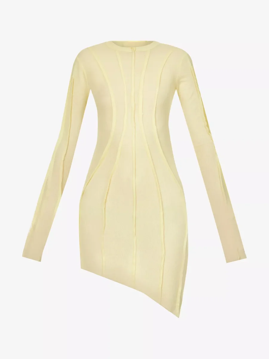 SAMI MIRO VINTAGE Asymmetric Raw Hem Stretch Woven Yellow Mini Dress - Imagen 7