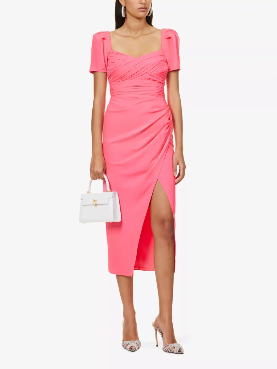 SELF-PORTRAIT Iris Bright Pink Sweetheart Neck Ruched Side Crepe Puff Sleeve Dress - Imagen 3