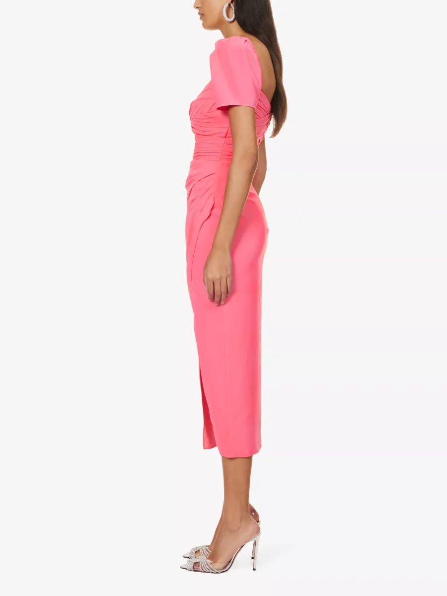 SELF-PORTRAIT Iris Bright Pink Sweetheart Neck Ruched Side Crepe Puff Sleeve Dress - Imagen 4
