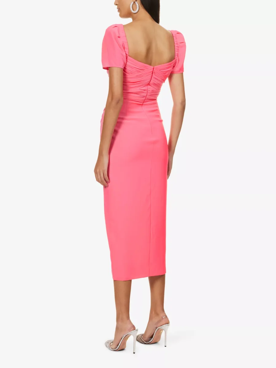 SELF-PORTRAIT Iris Bright Pink Sweetheart Neck Ruched Side Crepe Puff Sleeve Dress - Imagen 5