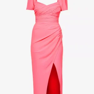SELF-PORTRAIT Iris Bright Pink Sweetheart Neck Ruched Side Crepe Puff Sleeve Dress