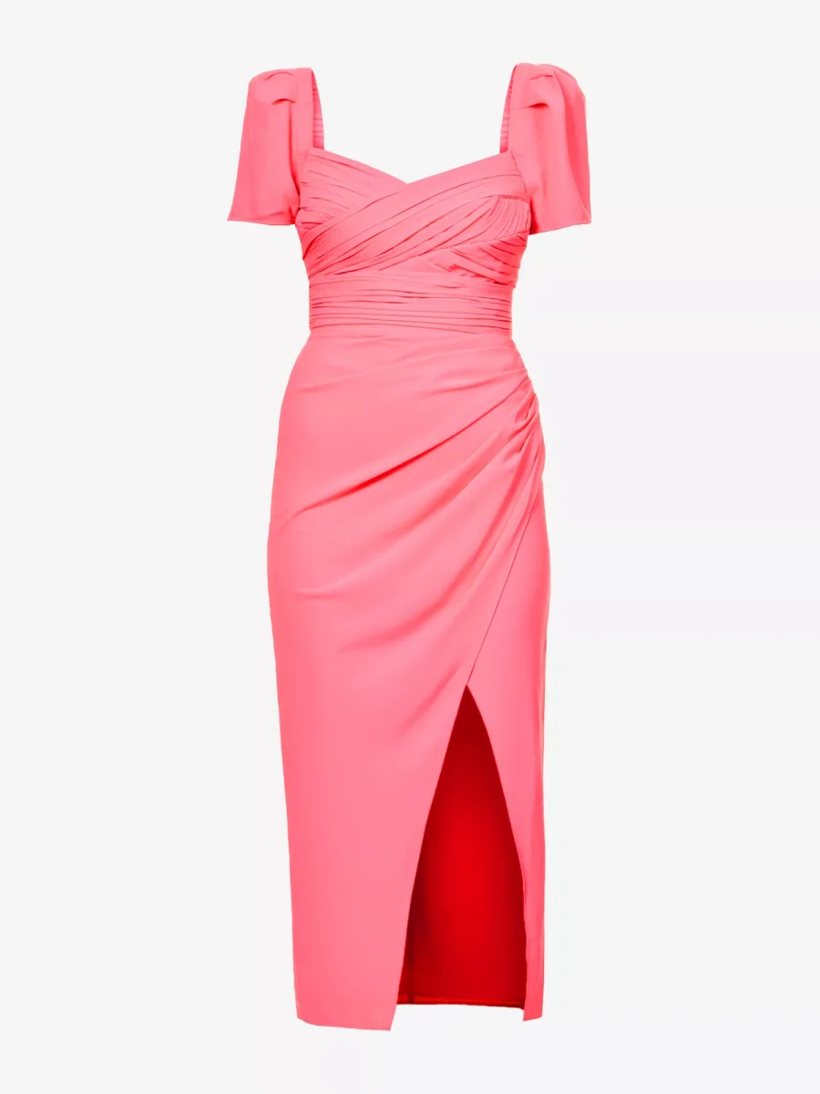 SELF-PORTRAIT Iris Bright Pink Sweetheart Neck Ruched Side Crepe Puff Sleeve Dress - Imagen 2