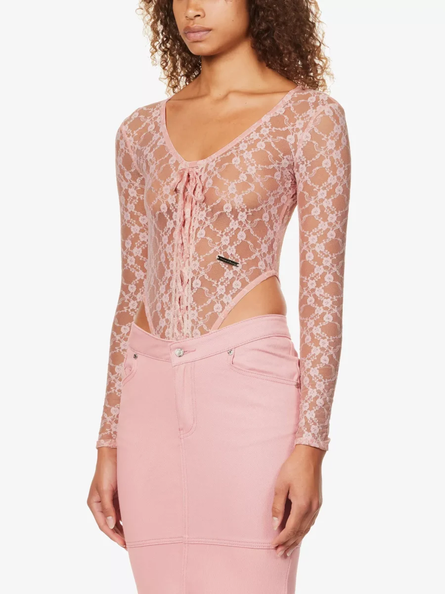 House Of Sunny Pink Love Lace Sheer Romantic Coquette Bodysuit - Imagen 3