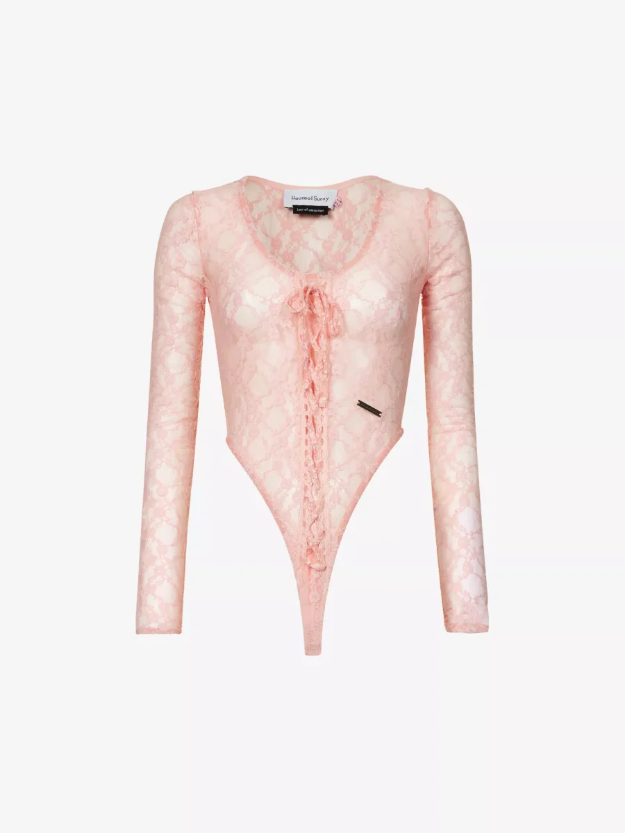 House Of Sunny Pink Love Lace Sheer Romantic Coquette Bodysuit