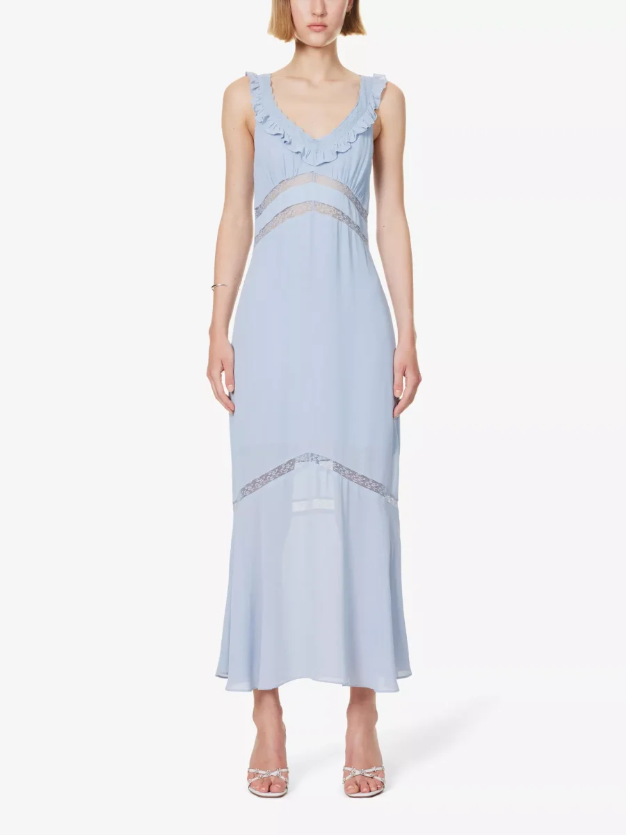 REFORMATION Purdie Frilly Trim Lace Panel Detail Crepe Blue Midi Dress - Imagen 3