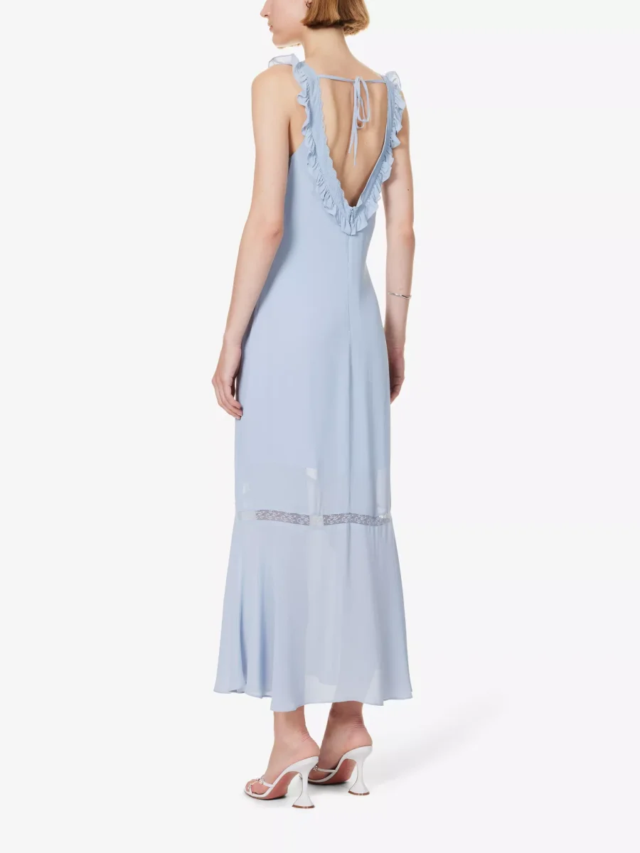 REFORMATION Purdie Frilly Trim Lace Panel Detail Crepe Blue Midi Dress - Imagen 5