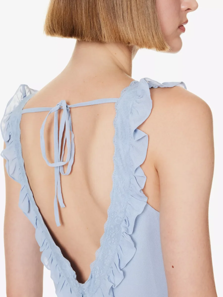 REFORMATION Purdie Frilly Trim Lace Panel Detail Crepe Blue Midi Dress - Imagen 4