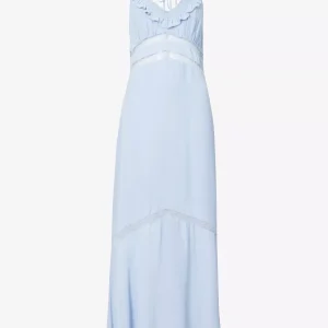 REFORMATION Purdie Frilly Trim Lace Panel Detail Crepe Blue Midi Dress