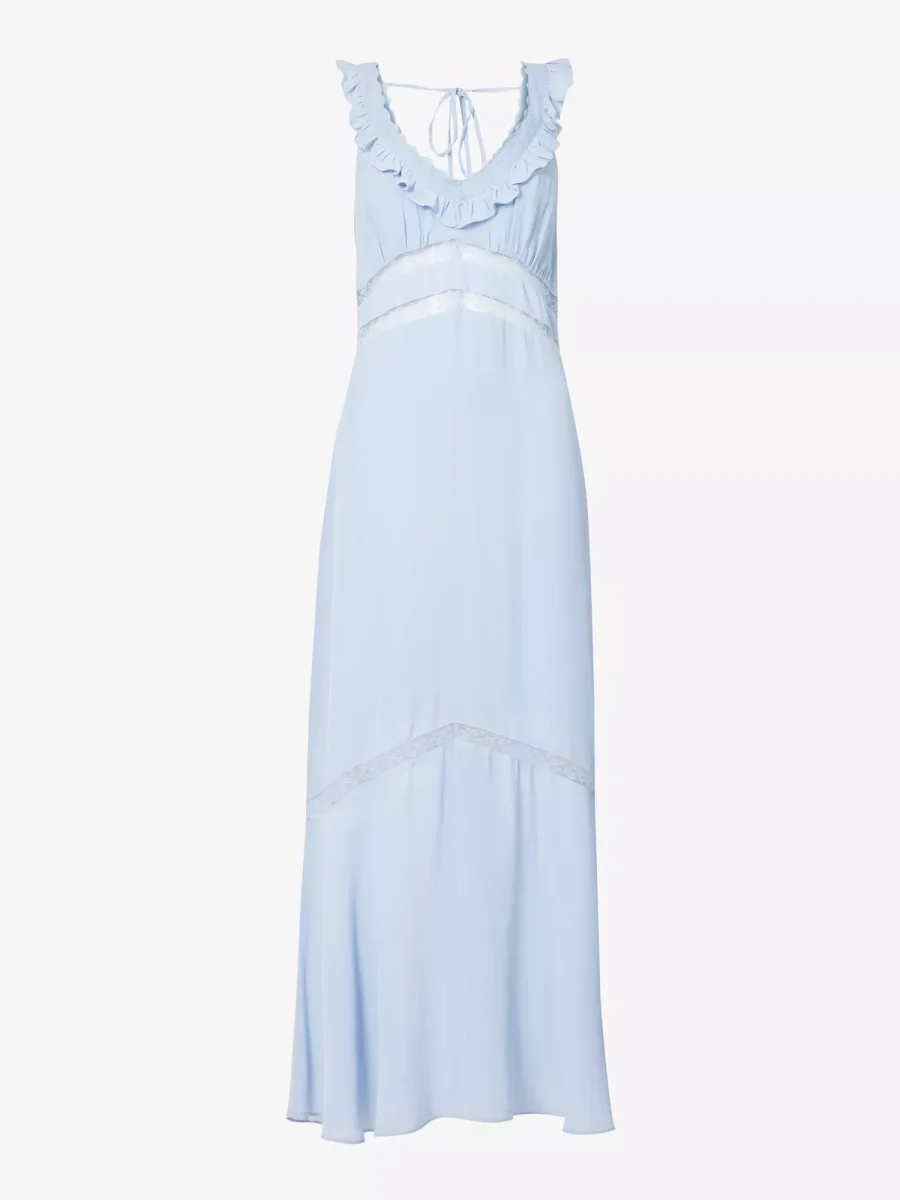 REFORMATION Purdie Frilly Trim Lace Panel Detail Crepe Blue Midi Dress