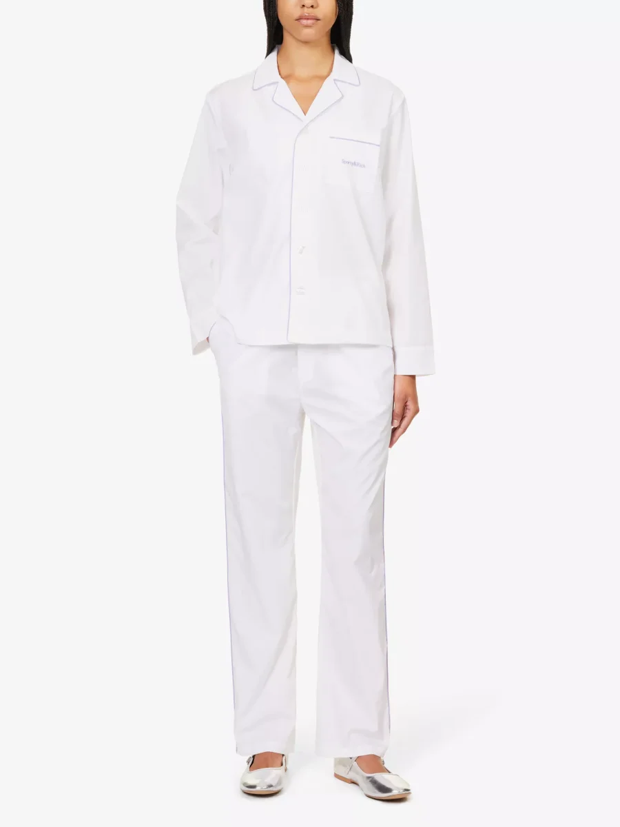SPORTY & RICH Serif Embroidered Logo Contrast Piping Cotton Poplin Pyjama Top - Imagen 6