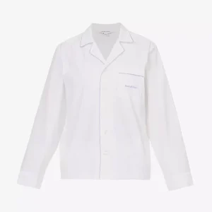 SPORTY & RICH Serif Embroidered Logo Contrast Piping Cotton Poplin Pyjama Top