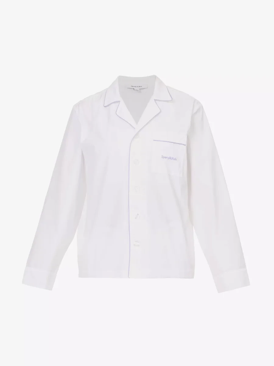 SPORTY & RICH Serif Embroidered Logo Contrast Piping Cotton Poplin Pyjama Top - Imagen 2