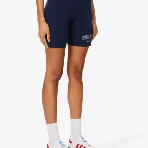 SPORTY & RICH Wellness Logo Print High Rise Stretch Cotton Navy White Biker Shorts