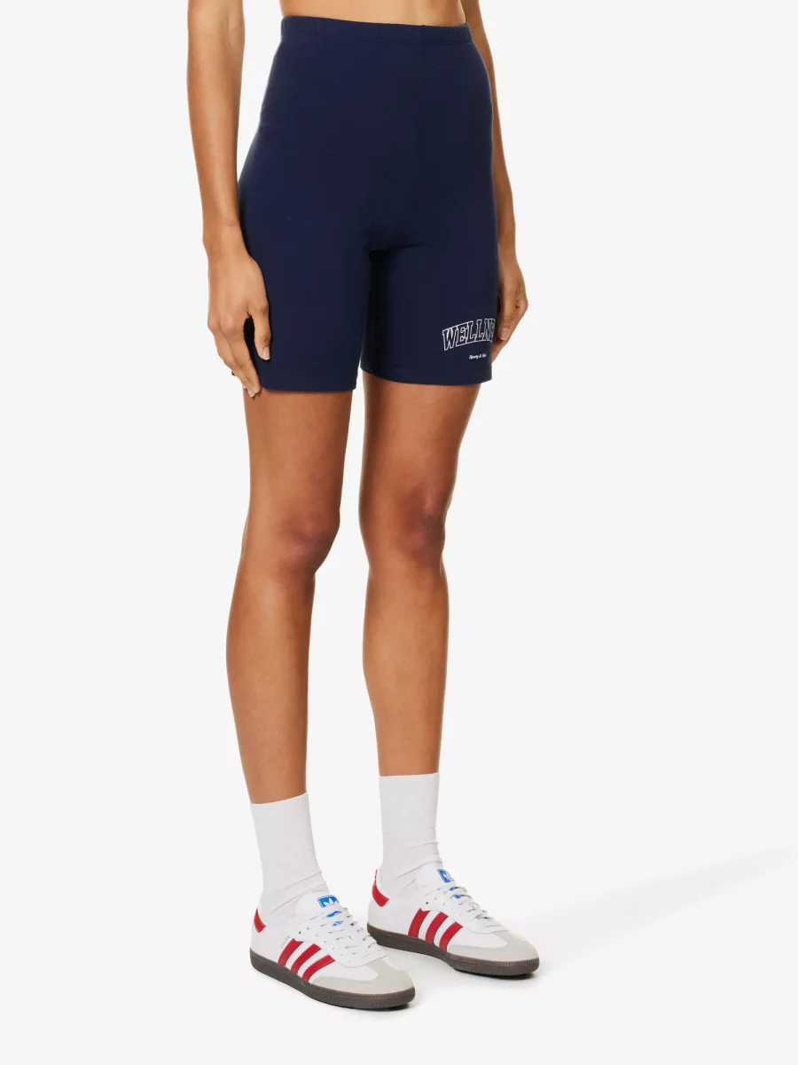 SPORTY & RICH Wellness Logo Print High Rise Stretch Cotton Navy White Biker Shorts