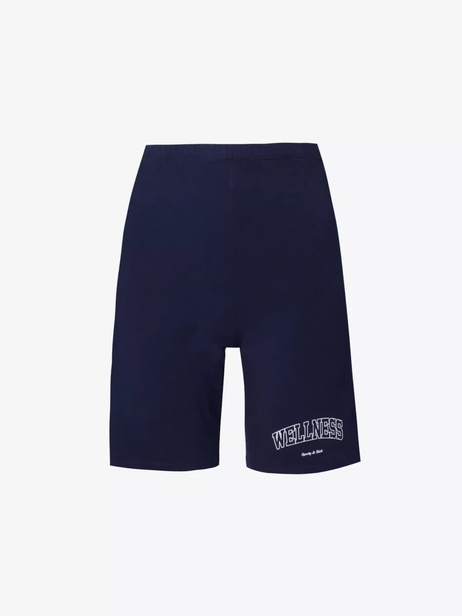 SPORTY & RICH Wellness Logo Print High Rise Stretch Cotton Navy White Biker Shorts - Imagen 3
