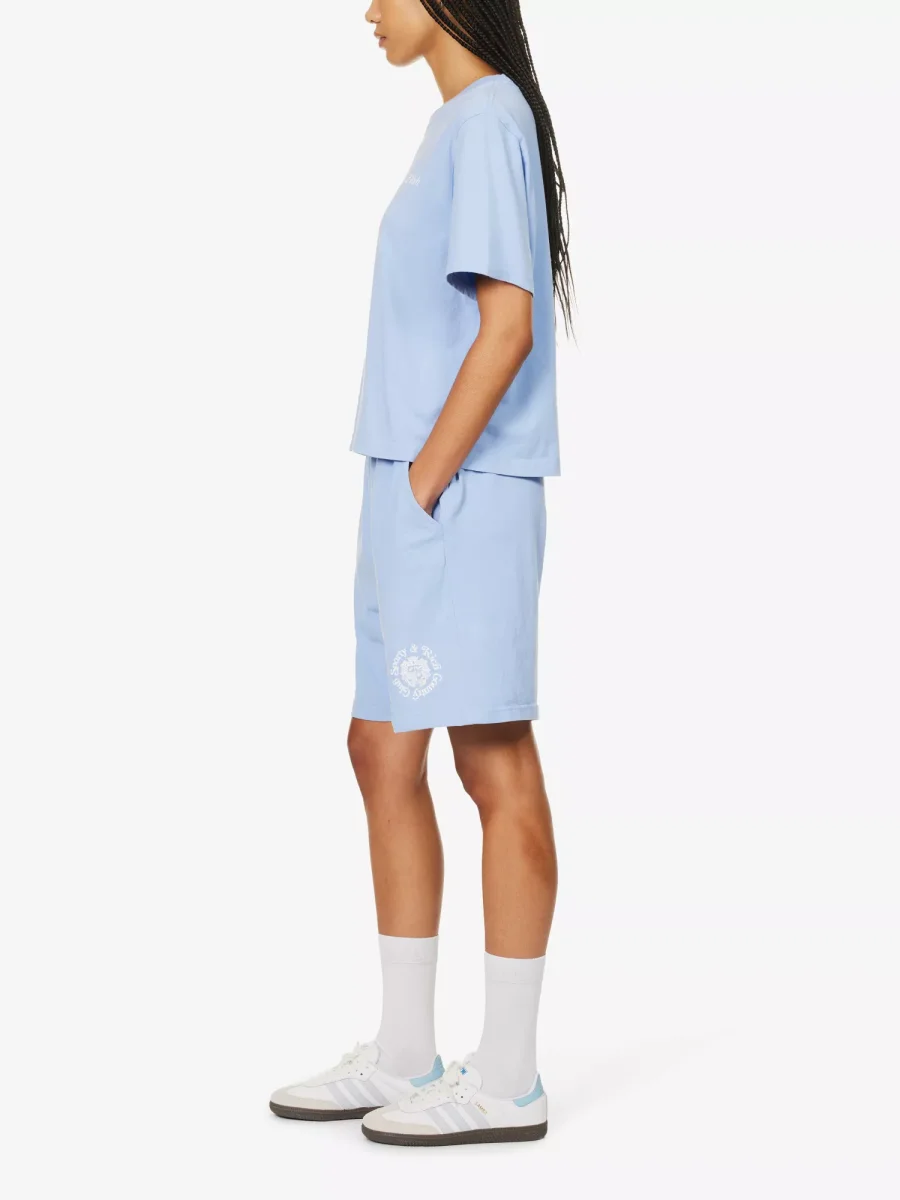 SPORTY & RICH Monte Carlo Mid Rise Cotton-Jersey Blue Retro Gym Shorts - Imagen 6