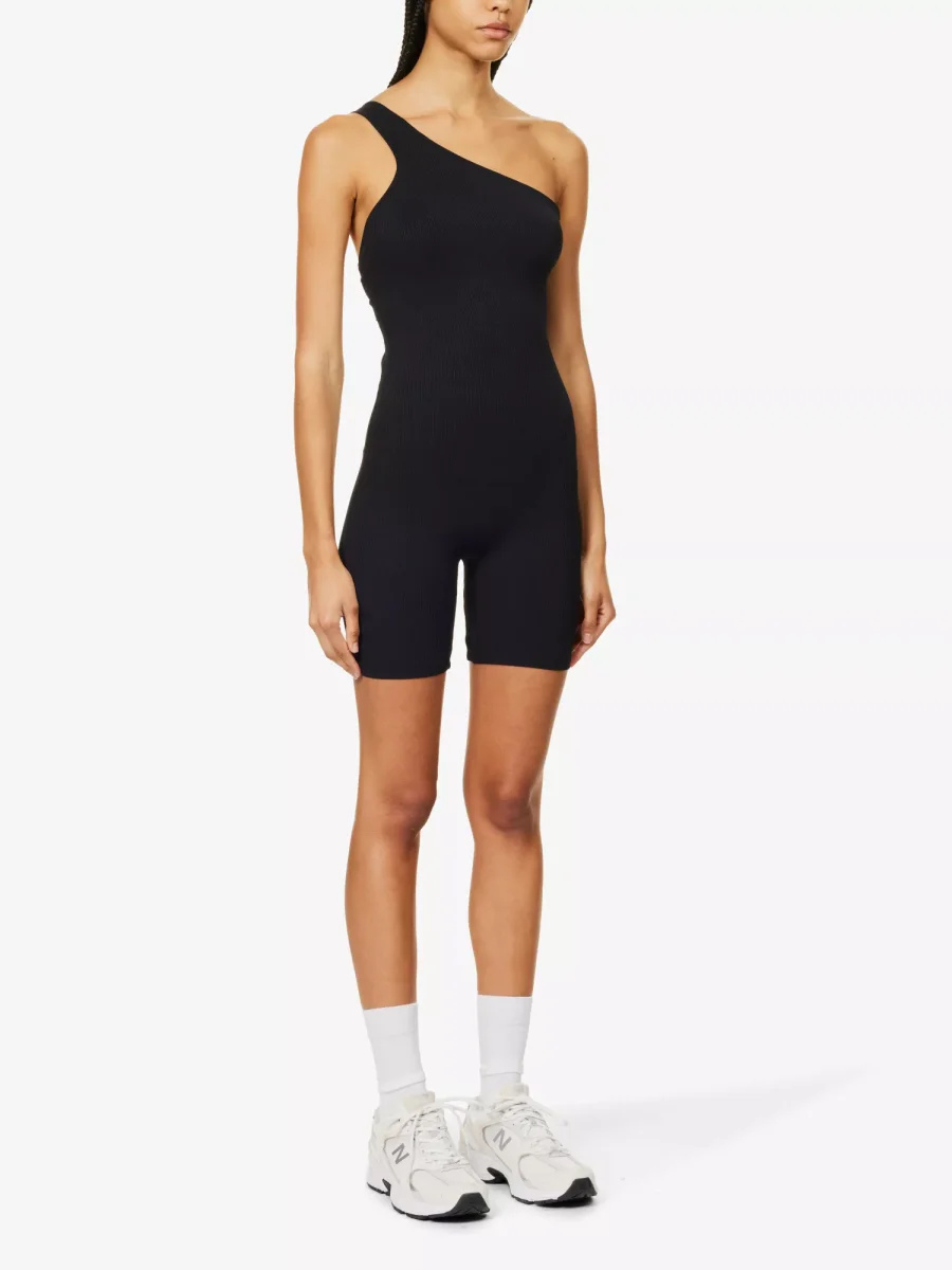 ANINE BING Lore One-Shoulder Logo Print Stretch-Woven Black Bodysuit Playsuit Unitard - Imagen 5