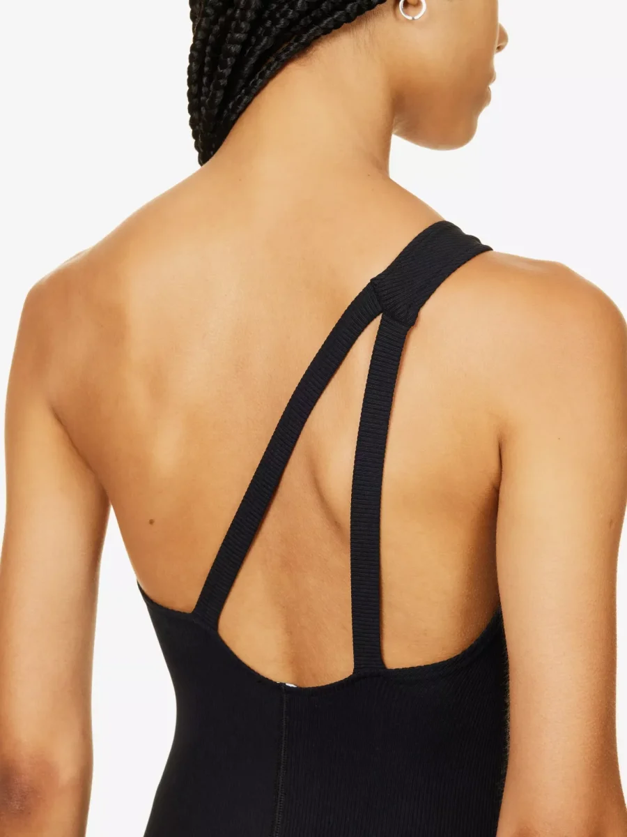 ANINE BING Lore One-Shoulder Logo Print Stretch-Woven Black Bodysuit Playsuit Unitard - Imagen 6