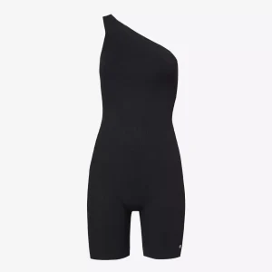 ANINE BING Lore One-Shoulder Logo Print Stretch-Woven Black Bodysuit Playsuit Unitard