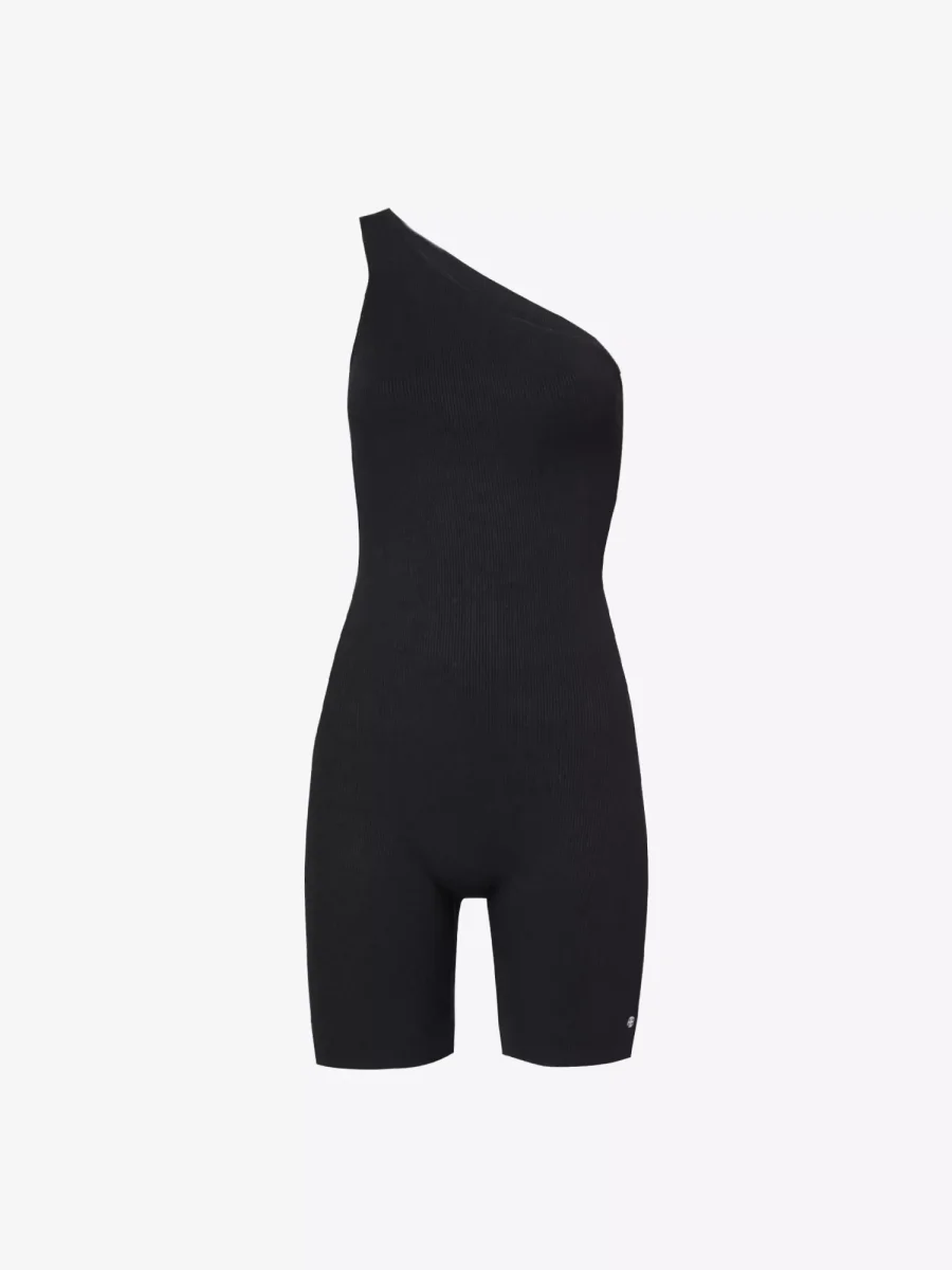 ANINE BING Lore One-Shoulder Logo Print Stretch-Woven Black Bodysuit Playsuit Unitard