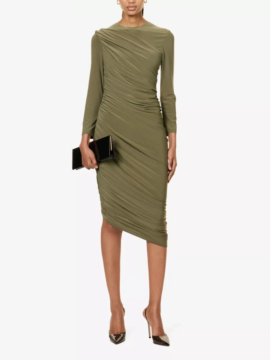 NORMA KAMALI Diana Ruched Long Sleeve Green Midi Dress - Imagen 3