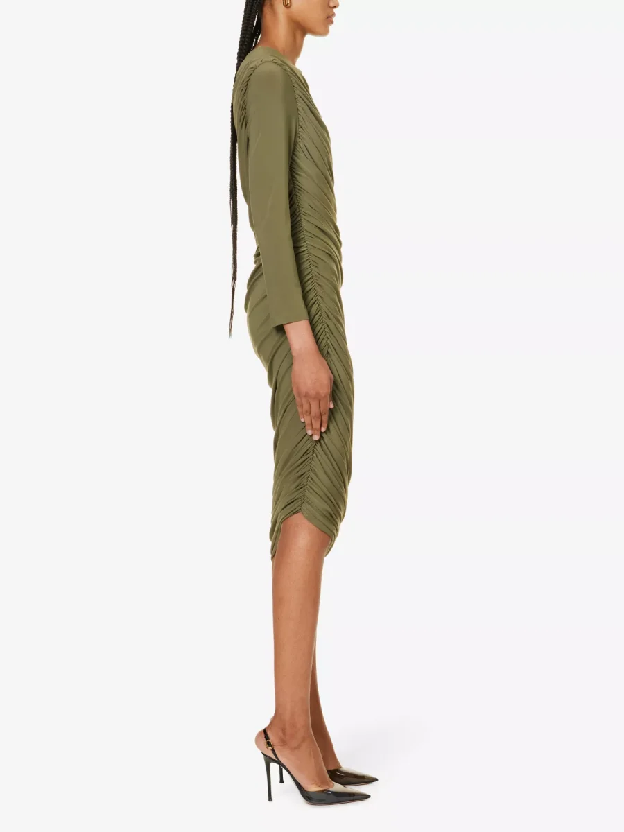 NORMA KAMALI Diana Ruched Long Sleeve Green Midi Dress - Imagen 6