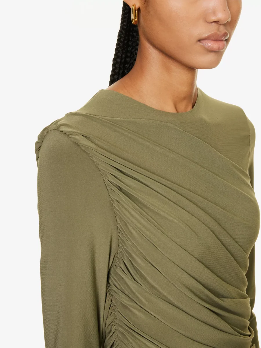 NORMA KAMALI Diana Ruched Long Sleeve Green Midi Dress - Imagen 4