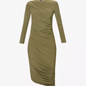 NORMA KAMALI Diana Ruched Long Sleeve Green Midi Dress
