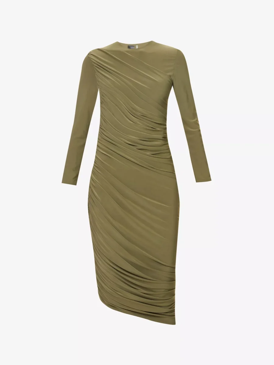 NORMA KAMALI Diana Ruched Long Sleeve Green Midi Dress - Imagen 2