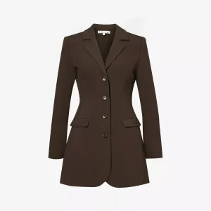 REFORMATION Jacques Padded Shoulder Brown Stretch Woven Blazer