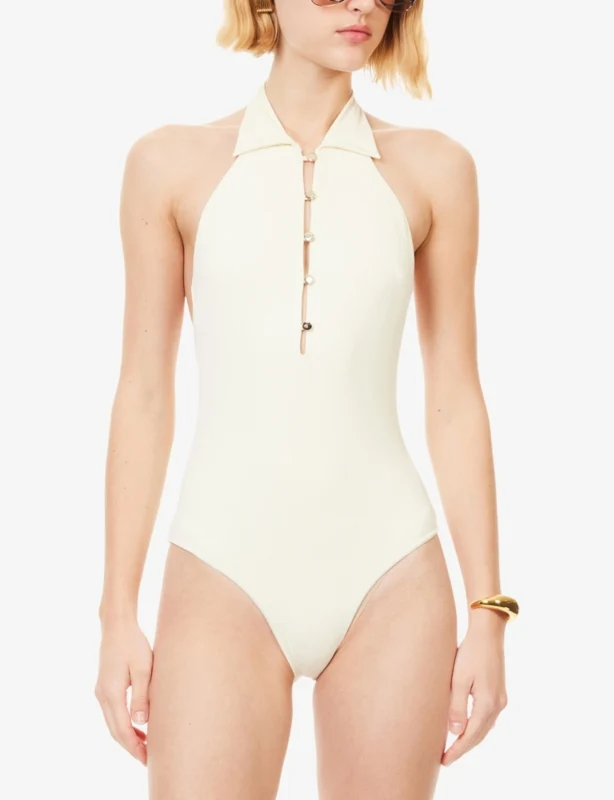 Taller Marmo Club Cream Collared Gold Button Detail Swimsuit - Imagen 6