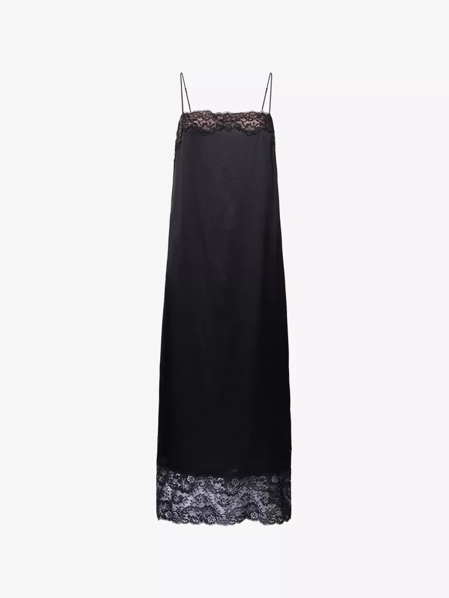 Reformation Black Mackenzie Lace Trim Silk Slip Midi Dress - Imagen 4