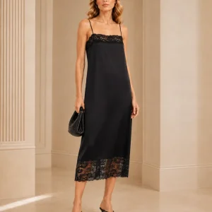 Reformation Black Mackenzie Lace Trim Silk Slip Midi Dress