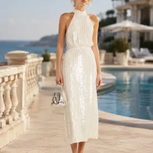 Rixo London Bridal White Vivienne High Neck Sequinned Sleeveless Dress